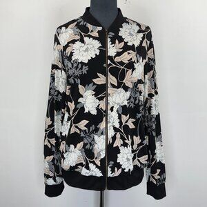 Kim & Co Women’s Cardigan Black Floral Long Sleeve Zip Front Banded Knit Jacket